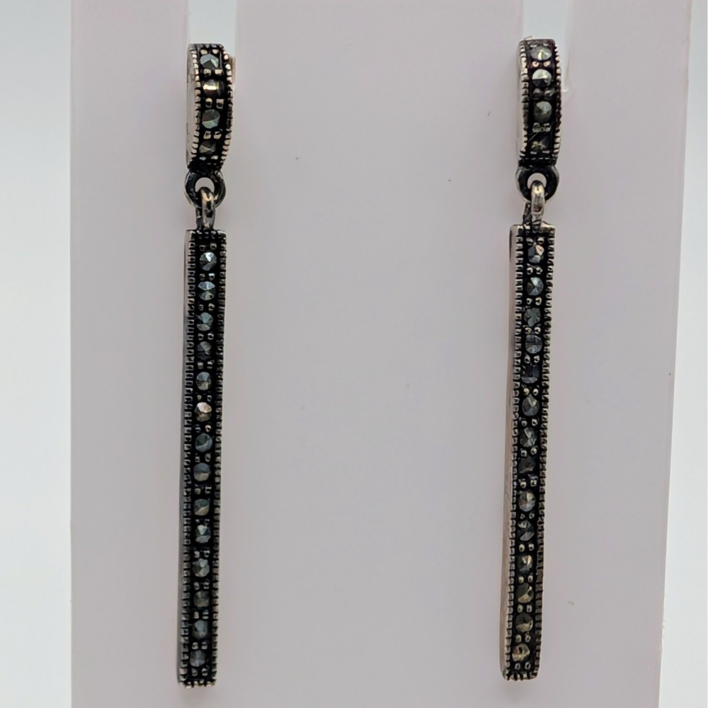Sterling Silver 925 Thailand Marcasite Bar Drop Earrings 2in